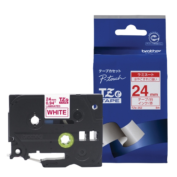 【クリックでお店のこの商品のページへ】ピータッチ ラミネートテープ (白テープ/赤文字/24mm幅) TZe-252