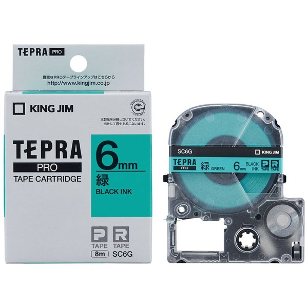【クリックで詳細表示】テプラ(TEPRA) カラーラベルテープ(緑テープ/黒文字/6mm幅) SC6G