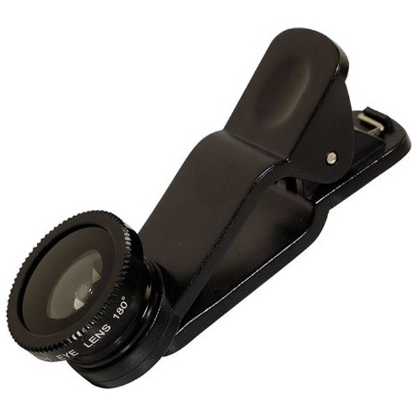  スマートフォン対応 クリップ型カメラレンズセット (マクロ・魚眼・ワイド）収納袋付 ブラック OWL-MALENS01-BK