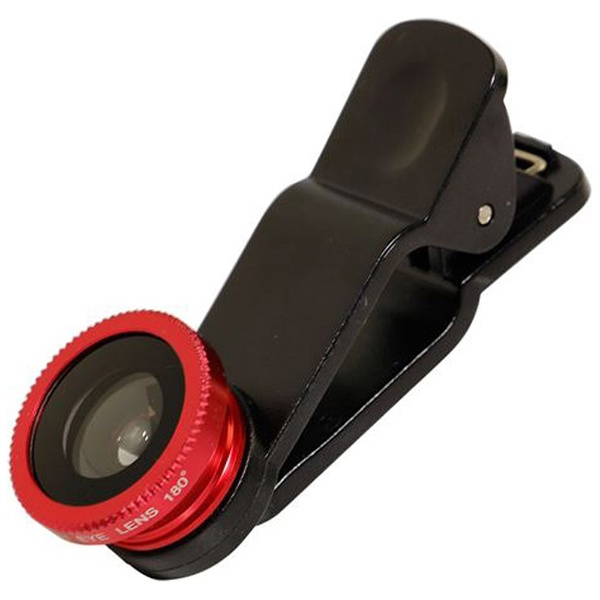 スマートフォン対応 クリップ型カメラレンズセット (マクロ・魚眼・ワイド）収納袋付 レッド OWL-MALENS01-RE