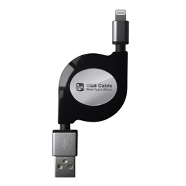  USB充電&同期ケーブル リール 80cm LN BK [0.8m]