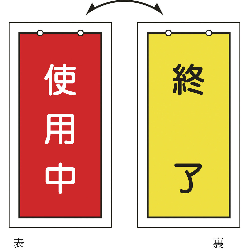 緑十字 バルブ表示板 使用中（赤）⇔終了（黄） 100×50mm 両面表示