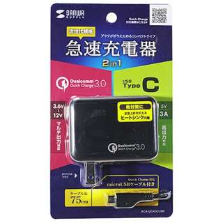 mmicro USB/USBdnAC - Type-C / USB-A[d 3A {micro USBP[u 0.75m i2|[gF C/Aj ACA-QC43CUBK ubN
