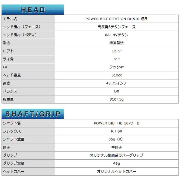 ドライバー サイテーション　DH510短尺ドライバー 12.5°《POWER BILT HB-187D　Bシャフト》R