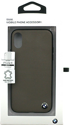 iPhone X用 BMW 背面ポケット付本革ハードケース ブラック 