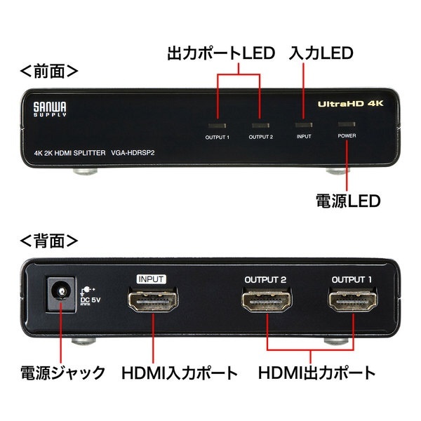 4K／60Hz・HDR対応HDMI分配器(2分配） VGA-HDRSP2 サンワサプライ｜SANWA SUPPLY 通販