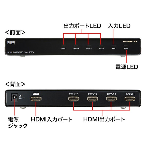 4K／60Hz・HDR対応HDMI分配器(4分配） VGA-HDRSP4 サンワサプライ