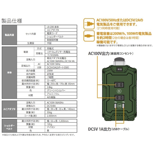 ポータブル蓄電池 エナジー・プロmini［200W/h /ACｘ2・USBｘ2］ LB-200 グリーンｘシルバー