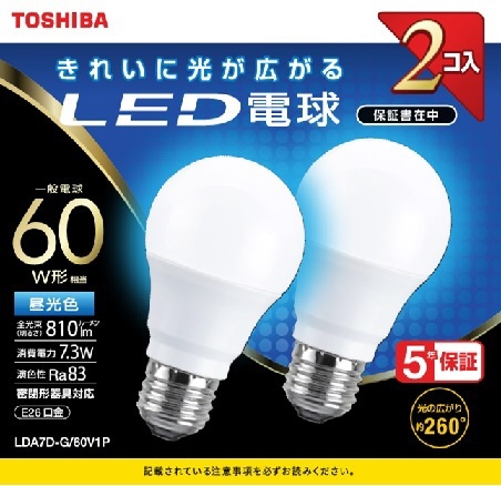 LED電球 810lm 配光角260度 LDA7D-G/60V1P [E26 /一般電球形 /60W相当 /昼光色 /2個] 東芝｜TOSHIBA  通販