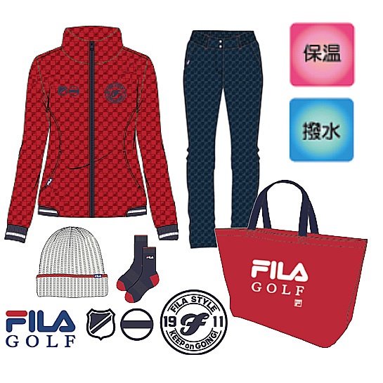 レディース ゴルフウェア FILA GOLF 上下セット(Mサイズ/ブルゾン：レッド×パンツ：ネイビー)
