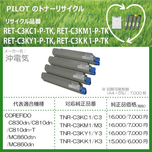 RET-C3KC1-P-TK リサイクルトナー OKI TNR-C3KC1互換 シアン パイロット｜PILOT 通販