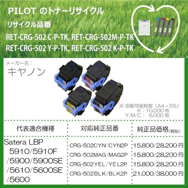 RET-CRG502M-P-TK リサイクルトナー キャノン CRG-502MAG互換 マゼンタ パイロット｜PILOT 通販