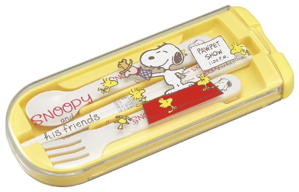 OSK Peanuts Snoopy Trio Set Spoon,Fork & Chopsticks w/ Case CT-28 Yellow from Japan 