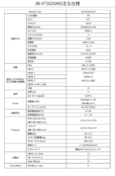 PCモニター JN-VT502UHD [50型 /4K(3840×2160） /ワイド] JAPANNEXT 