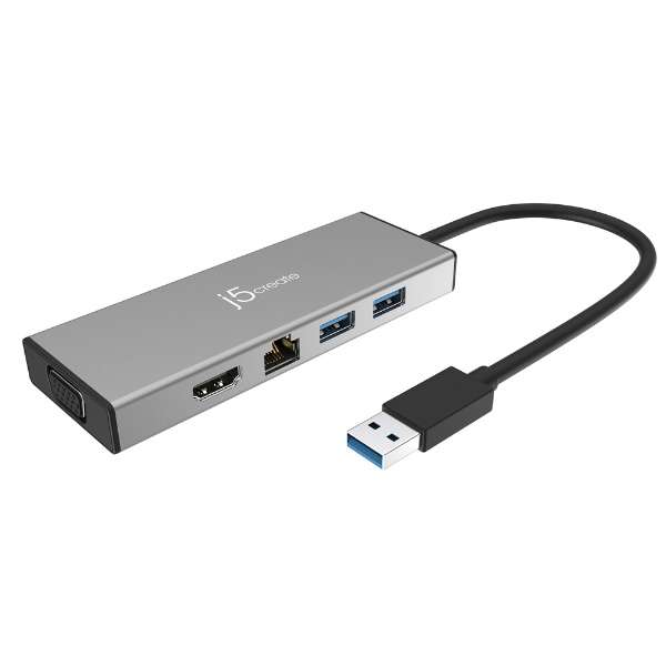 [USB-A オス→メス HDMI / VGA / LAN / USB-Ax2] USBマルチハブ シルバー JUD323S j5