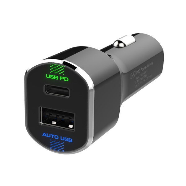  カープラグ型充電器 リバーシブルUSB 自動判定インジケータ付き ブラック DC-026 [2ポート /USB Power Delivery対応]