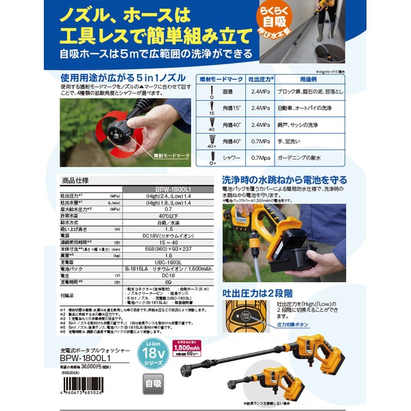 BPW-1800L1 自吸＆充電機能付き 充電式ポータブルウォッシャー