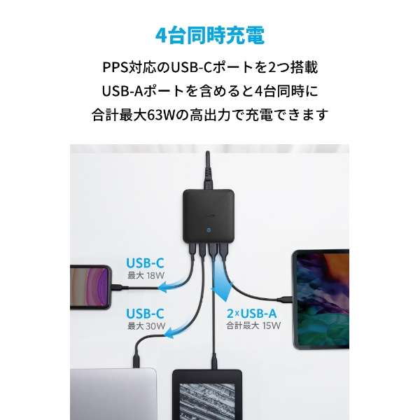 AC - USB[d m[gPCE^ubgΉ 63W [4|[gFUSB-C2{USB-A2 /USB Power Delivery PPSΉ] ubN A2046511_2