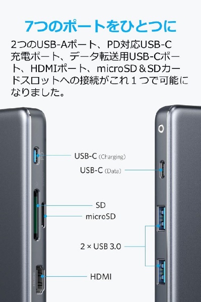 ［USB-C オス→メス カードスロットｘ2 / HDMI / USB-Aｘ2 / USB-Cｘ2］ USB PD対応 100W  ドッキングステーション グレー A83460A2 [USB Power Delivery対応]