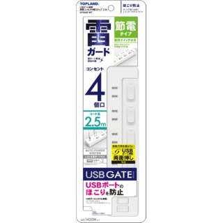 USBゲート搭載節電コンセント4個口タップ2.5m ホワイト GTS425-WT [2.5m /4個口 /スイッチ付き（個別） /2ポート]_1