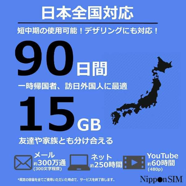 供15GB日本国内使用Nippon SIM for Japan标准版90天的预付数据SIM卡DHASIM098[多SIM/SMS过错对应]_3