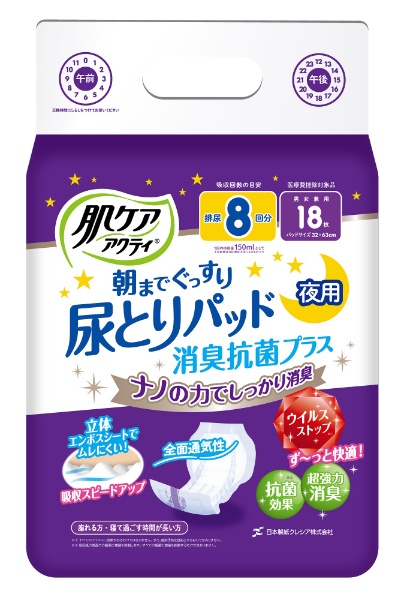 肌ケアアクティ 日本限定 SALENEW大人気 尿とりパッド 消臭抗菌プラス8回分吸収 18枚