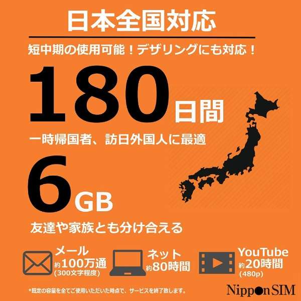 供6GB日本国内使用Nippon SIM for Japan标准版180天的预付数据SIM卡DHASIM099[多SIM/SMS过错对应]_3