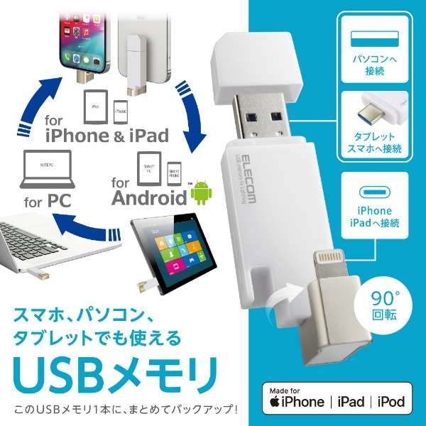 USBメモリ MFi認証(Android/iOS/Mac/Windows11対応) ホワイト MF-LGU3B016GWH [16GB /USB TypeA＋USB TypeC＋Lightning /USB3.2 /キャップ式]_2