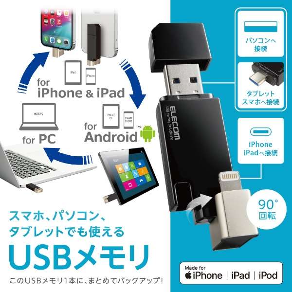USBメモリ MFi認証(Android/iOS/Mac/Windows11対応) ブラック MF-LGU3B032GBK [32GB /USB TypeA＋USB TypeC＋Lightning /USB3.2 /キャップ式]_2