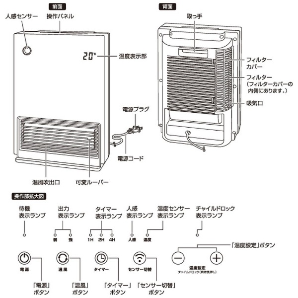 人感・温度センサー付き大風量セラミックヒーター YKT-S1200CM(K) [人