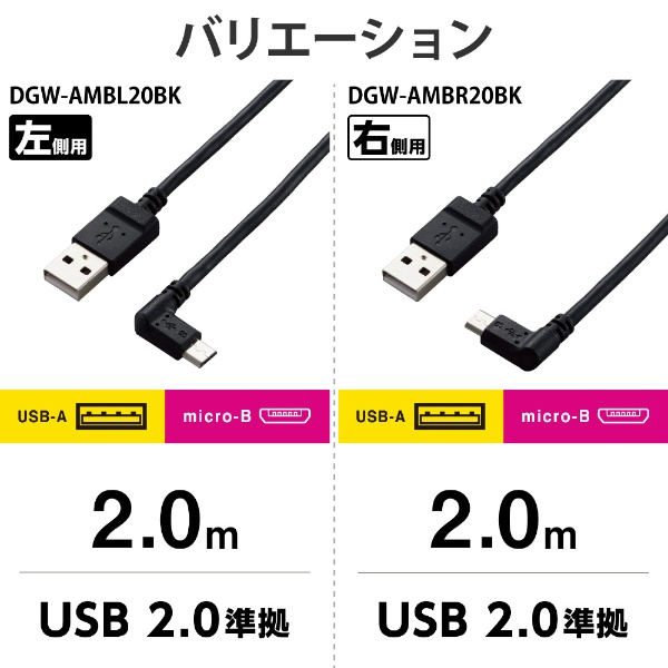 カメラ接続用L字USBケーブル（micro-Bタイプ） 2.0m USB-A to micro-B