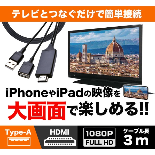 A to HDMI iPhone/iPad用ミラーリング 3m ブラック R30HEAH01BK ラスタ