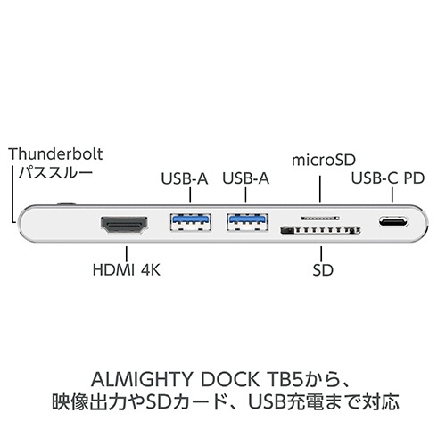 MacBook Pro / Air対応 USB-Cｘ2［USB-C オス→メス カードスロットｘ2 / HDMI / USB-Aｘ2 / USB-C  / Thunderbolt］ USB PD対応 90W ドッキングステーション シルバー TUN-OT-000068 [USB Power