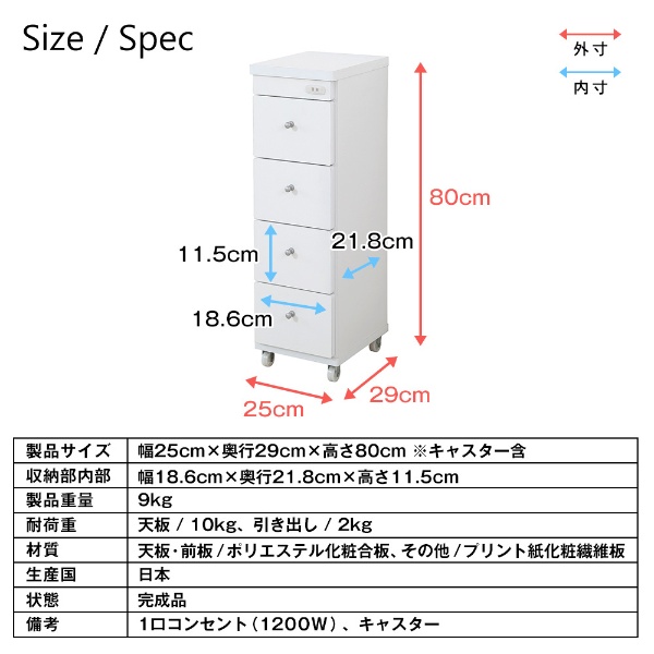 すき間ワゴン（幅25cm×奥行29cm×高さ80cm） ホワイト RSW-2529W