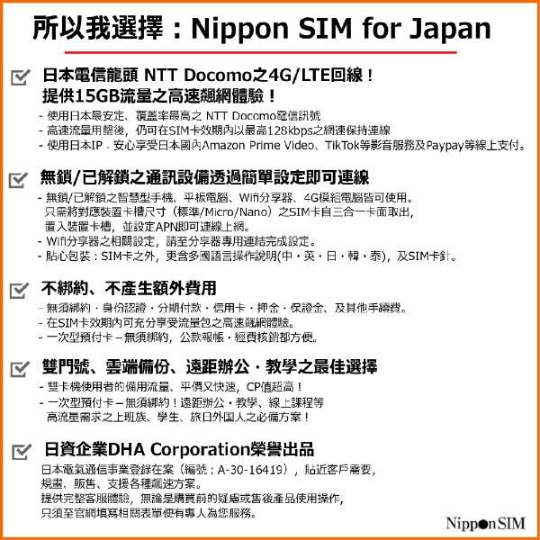 供Nippon SIM for Japan日本国内使用的预付数据SIM标准版180天15GB DHA-SIM-132[多SIM]_6]