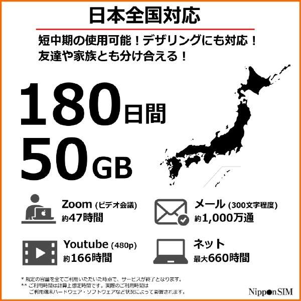 供Nippon SIM for Japan日本国内使用的预付数据SIM标准版180天50GB DHA-SIM-133[多SIM]_3]
