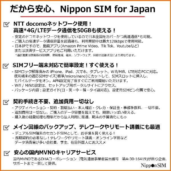 供Nippon SIM for Japan日本国内使用的预付数据SIM标准版180天50GB DHA-SIM-133[多SIM]_4]