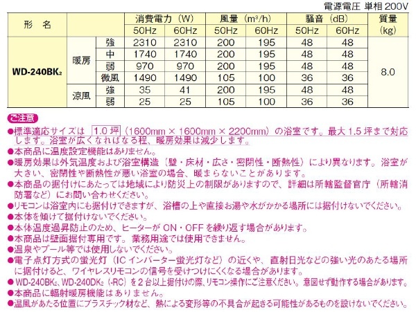 脱衣室暖房機（コンセント無） WD-240BK2 [200V /壁掛] 三菱電機｜Mitsubishi Electric 通販