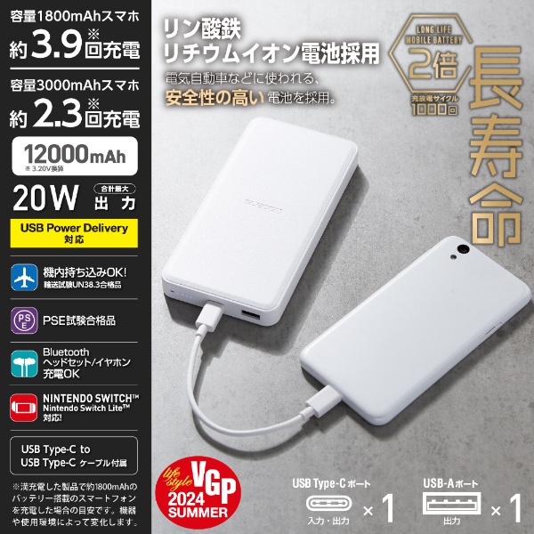 モバイルバッテリー 12000mAh PD対応 20W 入出力( Type C ×1) 出力