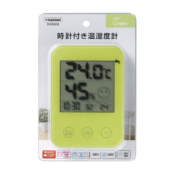 熱中症・インフルエンザ警報付きデジタル温湿度計 グリーン DO05GR