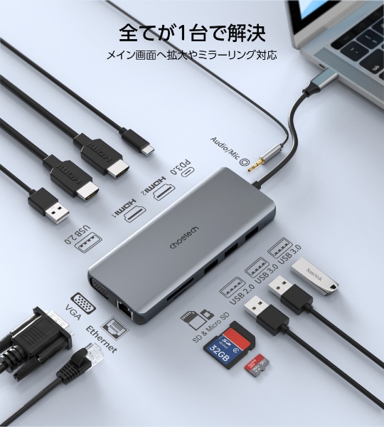 12-in-1 USB-Cマルチポート アダプター［USB-C オス→メス カード