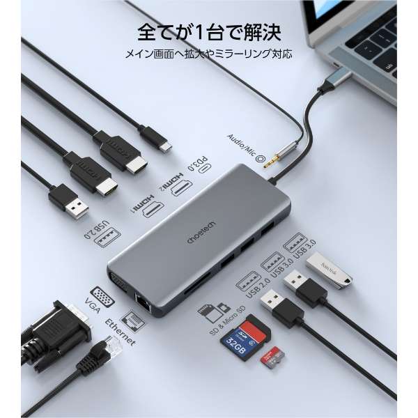 12-in-1 USB-C}`|[g A_v^[mUSB-C IXX J[hXbg2 / HDMI2 / VGA / LAN / 3.5mm / USB-A4 / USB-CnUSB PDΉ 100W hbLOXe[V Vo[ HUB-M26 [USB Power DeliveryΉ]_1