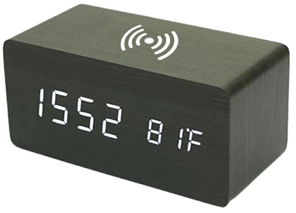 スマホワイヤレス充電（Qi）機能付き 木目調デジタル目覚まし時計