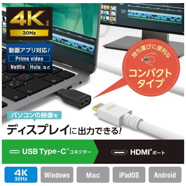 映像変換アダプタ [USB-C オス→メス HDMI] 4K/30Hz(Android/iPadOS ...