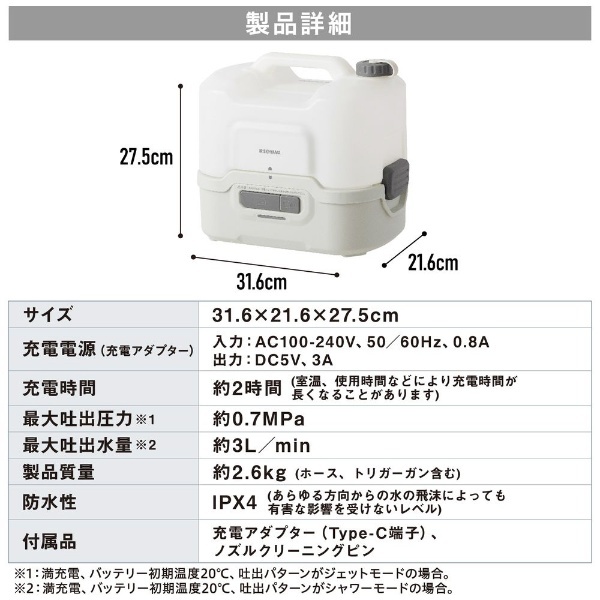 充電式ポータブルウォッシャー JPW-T81-W/H アイリスオーヤマ｜IRIS OHYAMA 通販
