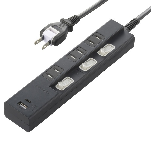 USB付き節電タップ Type-Cポート付 黒 OBB-TPK331AC-K [3.0m /3個口 /スイッチ付き（個別） /2ポート]  ORIGINAL BASIC｜オリジナルベーシック 通販