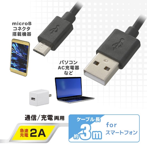 USB-A ⇔ micro USBケーブル [充電・転送 /3m /USB2.0] SMT-LB3M-K