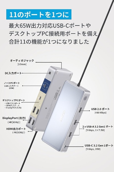 AC電源［USB-C オス→メス HDMIｘ2 / DisplayPortｘ2 / φ3.5mm / USB