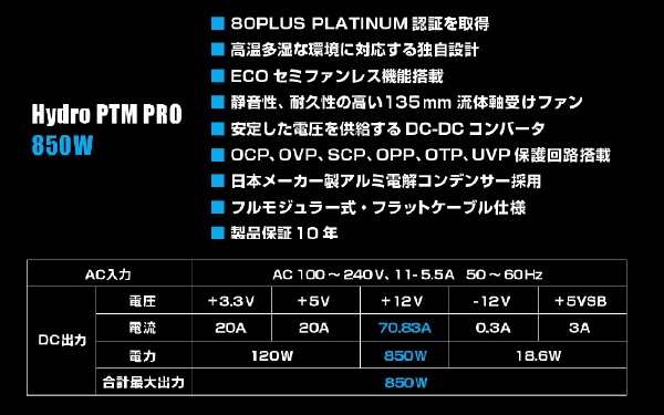 PC電源 Hydro PTM PRO 850W HPT2-850M [850W /ATX /Platinum]