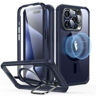 支持iPhone 15 Pro的2部分混合包(MagSafe对应)ＥＳＲ Clear Dark Blue ArmorToughCasewithStashStandforiPhone15Pro